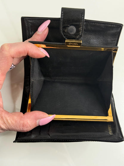 Chanel Vintage Black CC Compact Patent Leather with Kiss Lock Wallet