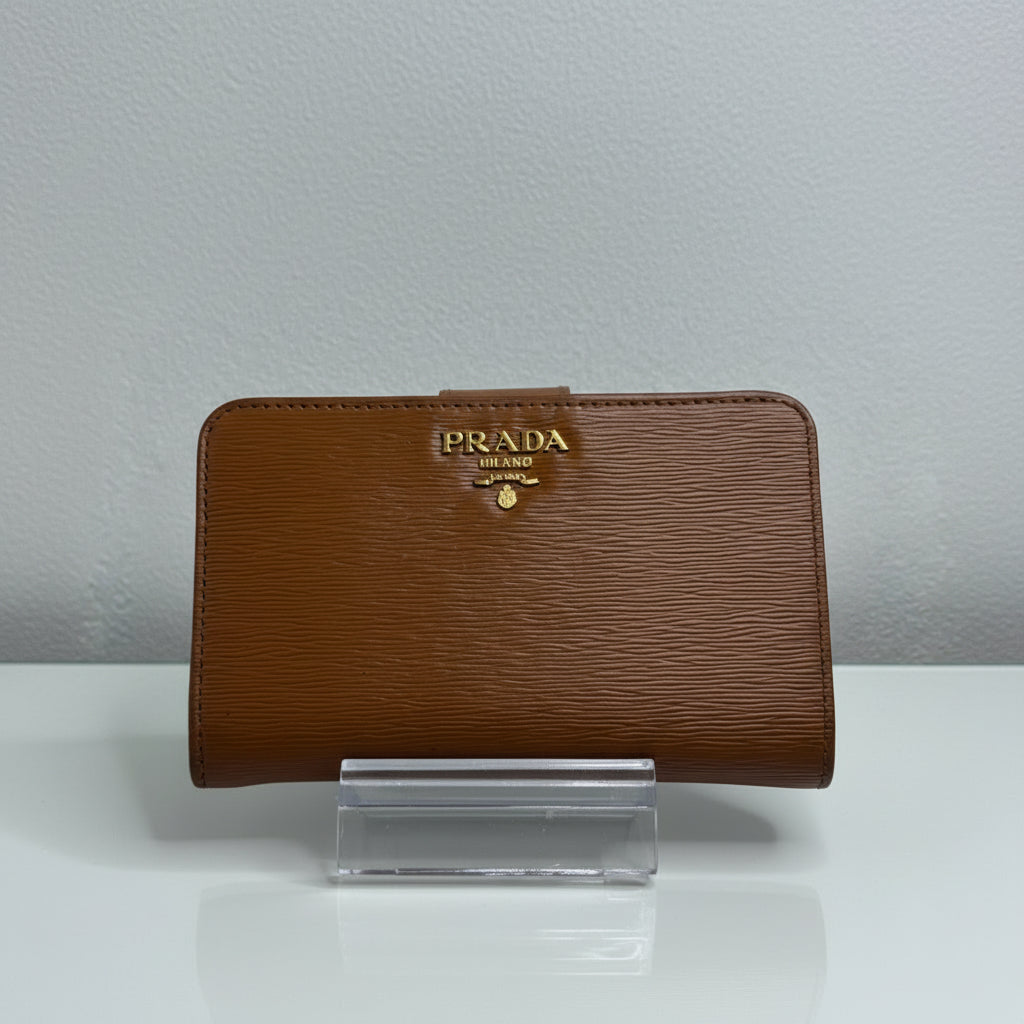 Prada  Saffiano Camel Compact Wallet