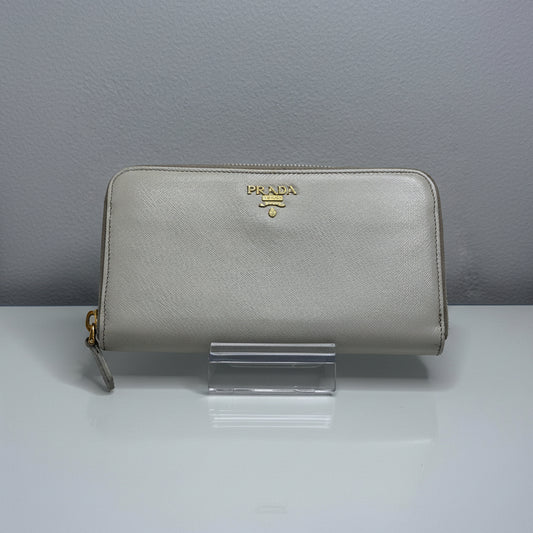 Prada Ivory Saffiano Leather Long Zippy Wallet