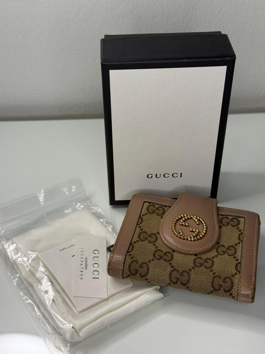 Gucci W Hook GG Canvas with Beige and Pink Leather Trim Wallet