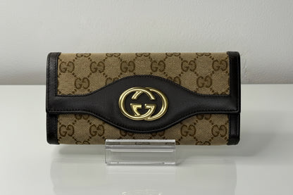 Gucci GG Canvas Beige and Brown Leather Trim Interlocking Wallet