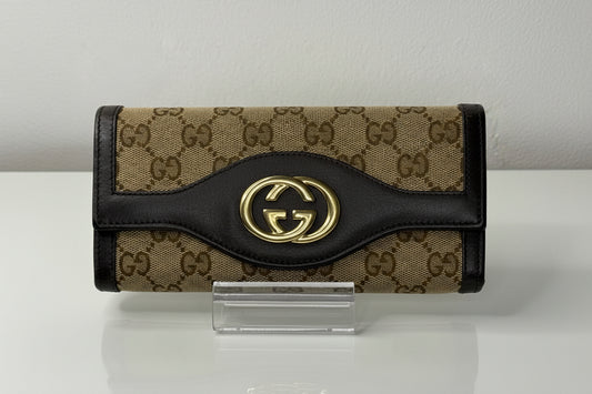 Gucci GG Canvas Beige and Brown Leather Trim Interlocking Wallet