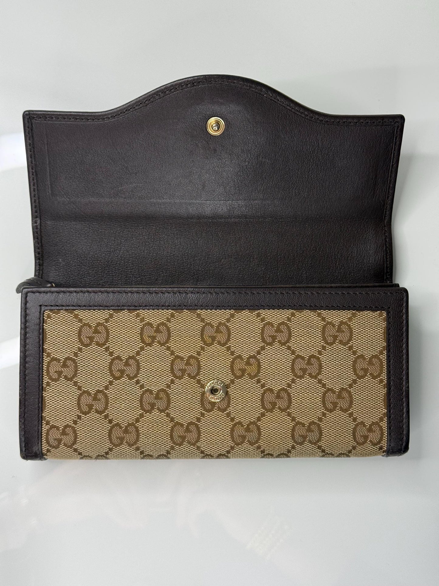 Gucci GG Canvas Beige and Brown Leather Trim Interlocking Wallet