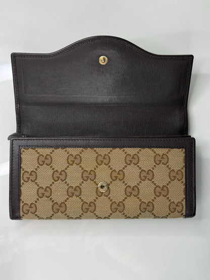 Gucci GG Canvas Beige and Brown Leather Trim Interlocking Wallet