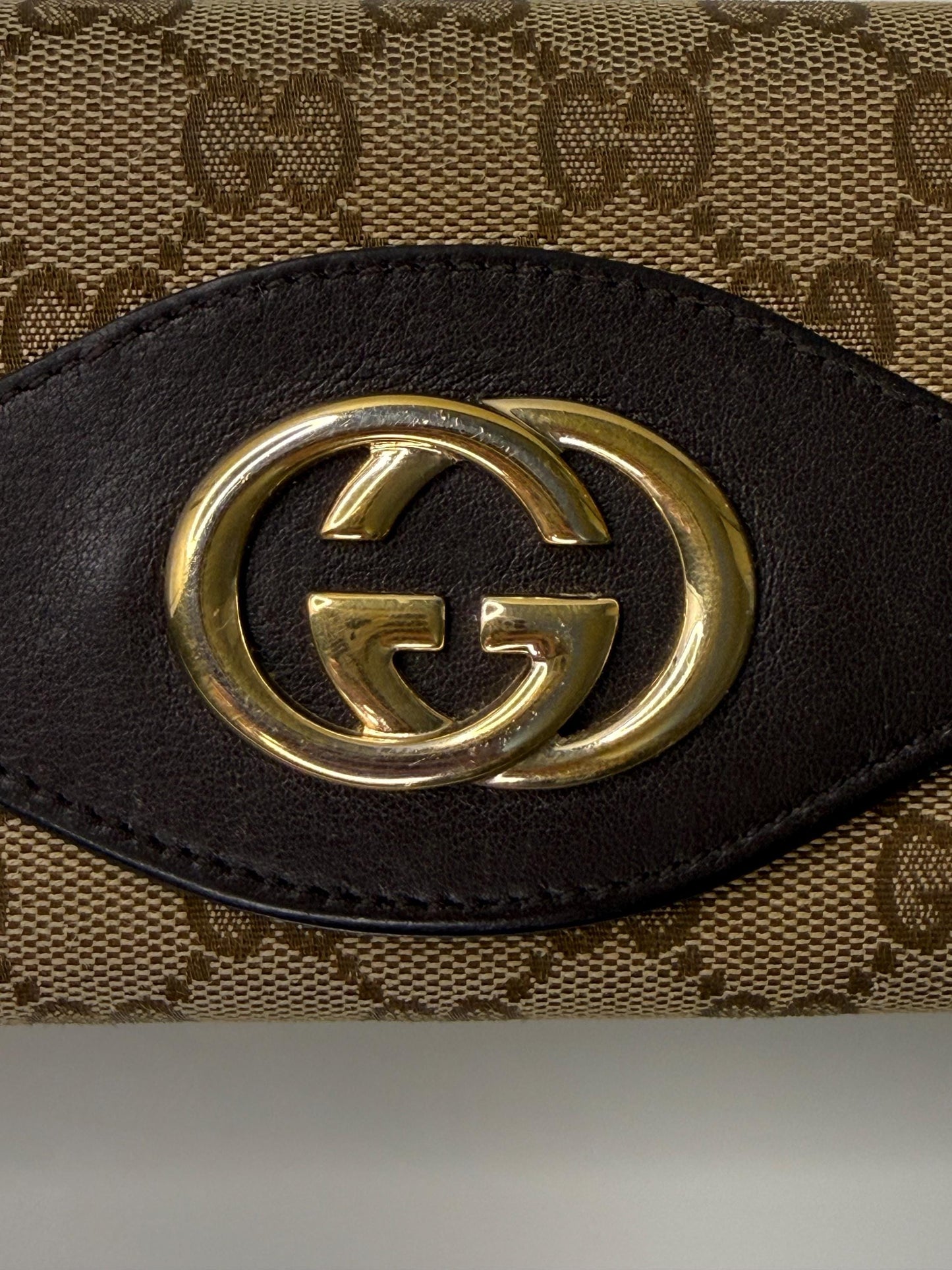 Gucci GG Canvas Beige and Brown Leather Trim Interlocking Wallet