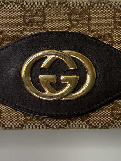 Gucci GG Canvas Beige and Brown Leather Trim Interlocking Wallet