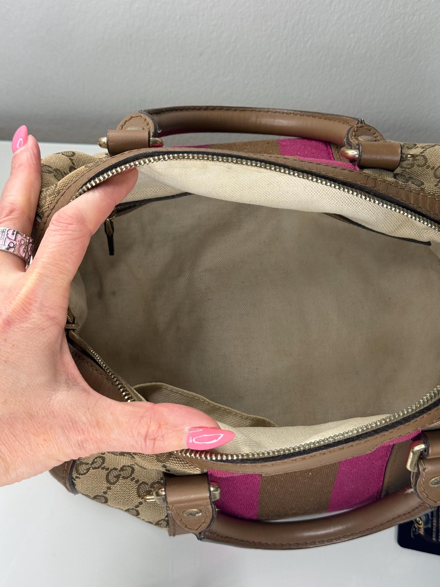 Gucci Vintage GG Canvas Joy Small Boston Bag with Pink and Brown Web Stripe