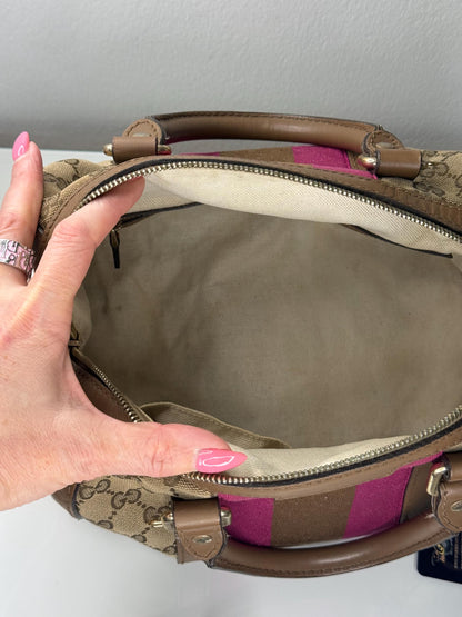 Gucci Vintage GG Canvas Joy Small Boston Bag with Pink and Brown Web Stripe