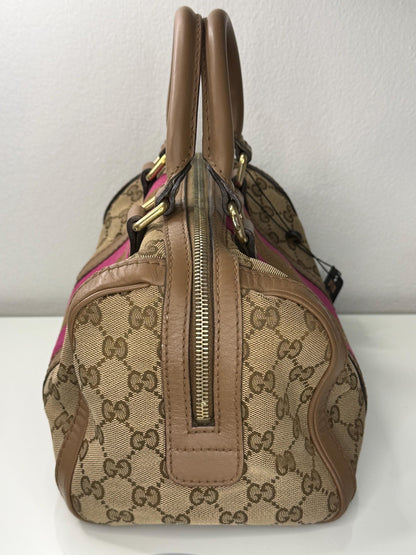 Gucci Vintage GG Canvas Joy Small Boston Bag with Pink and Brown Web Stripe