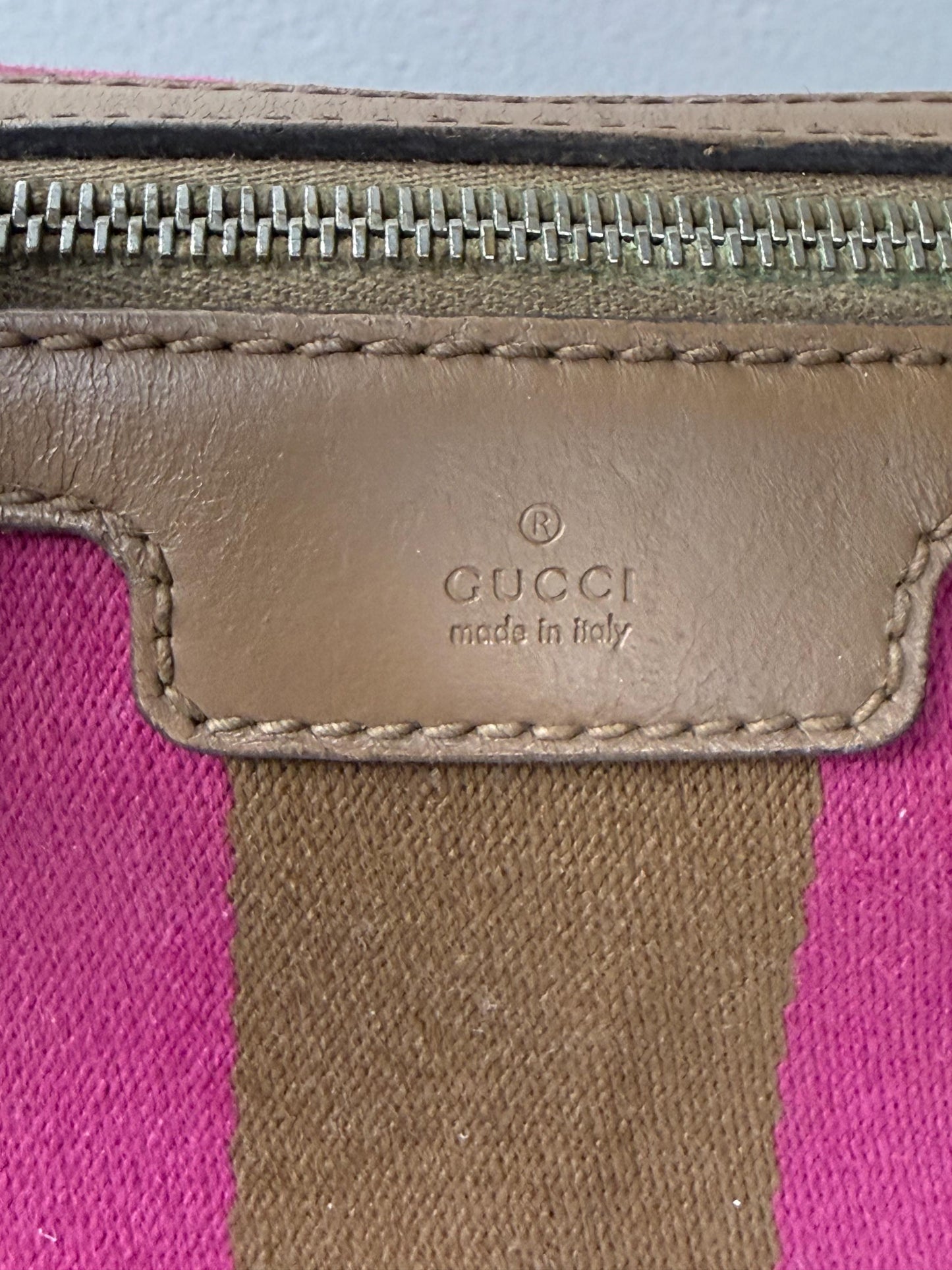 Gucci Vintage GG Canvas Joy Small Boston Bag with Pink and Brown Web Stripe