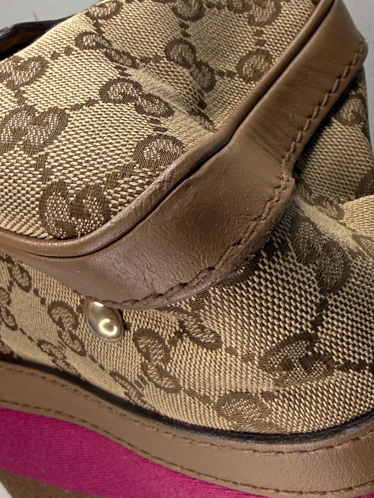 Gucci Vintage GG Canvas Joy Small Boston Bag with Pink and Brown Web Stripe