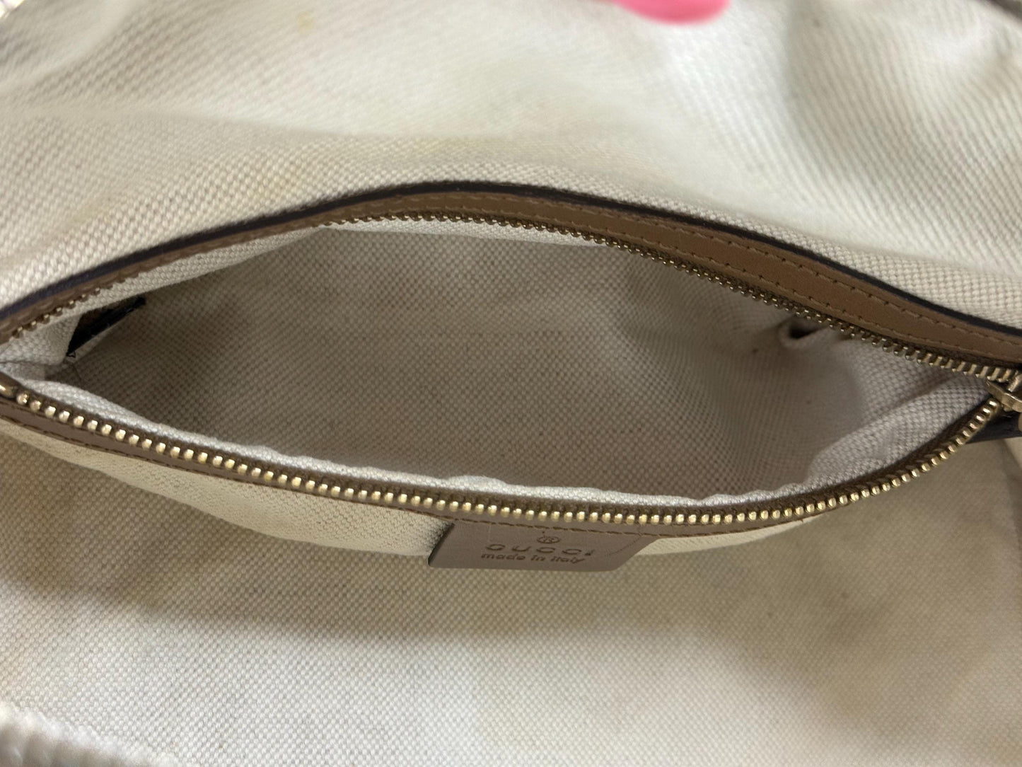 Gucci Vintage GG Canvas Joy Small Boston Bag with Pink and Brown Web Stripe