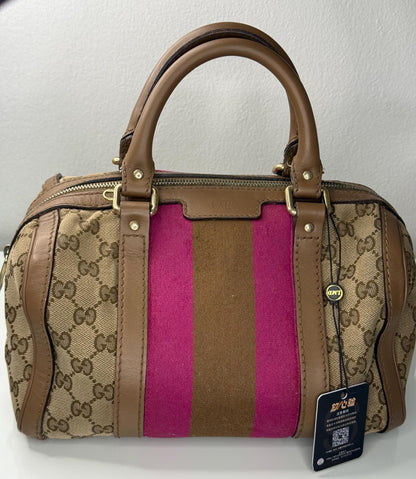 Gucci Vintage GG Canvas Joy Small Boston Bag with Pink and Brown Web Stripe