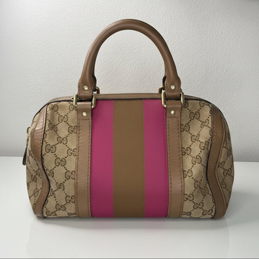 Gucci Vintage GG Canvas Joy Small Boston Bag with Pink and Brown Web Stripe