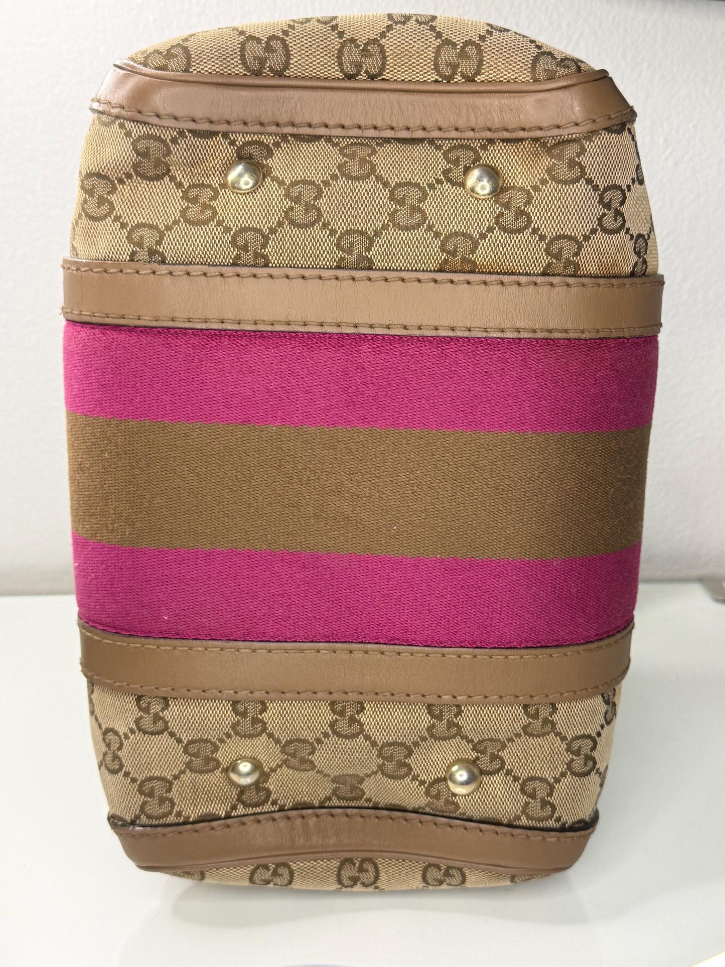 Gucci Vintage GG Canvas Joy Small Boston Bag with Pink and Brown Web Stripe