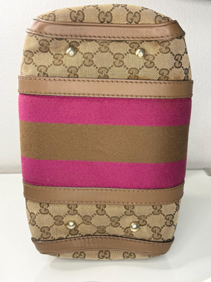 Gucci Vintage GG Canvas Joy Small Boston Bag with Pink and Brown Web Stripe