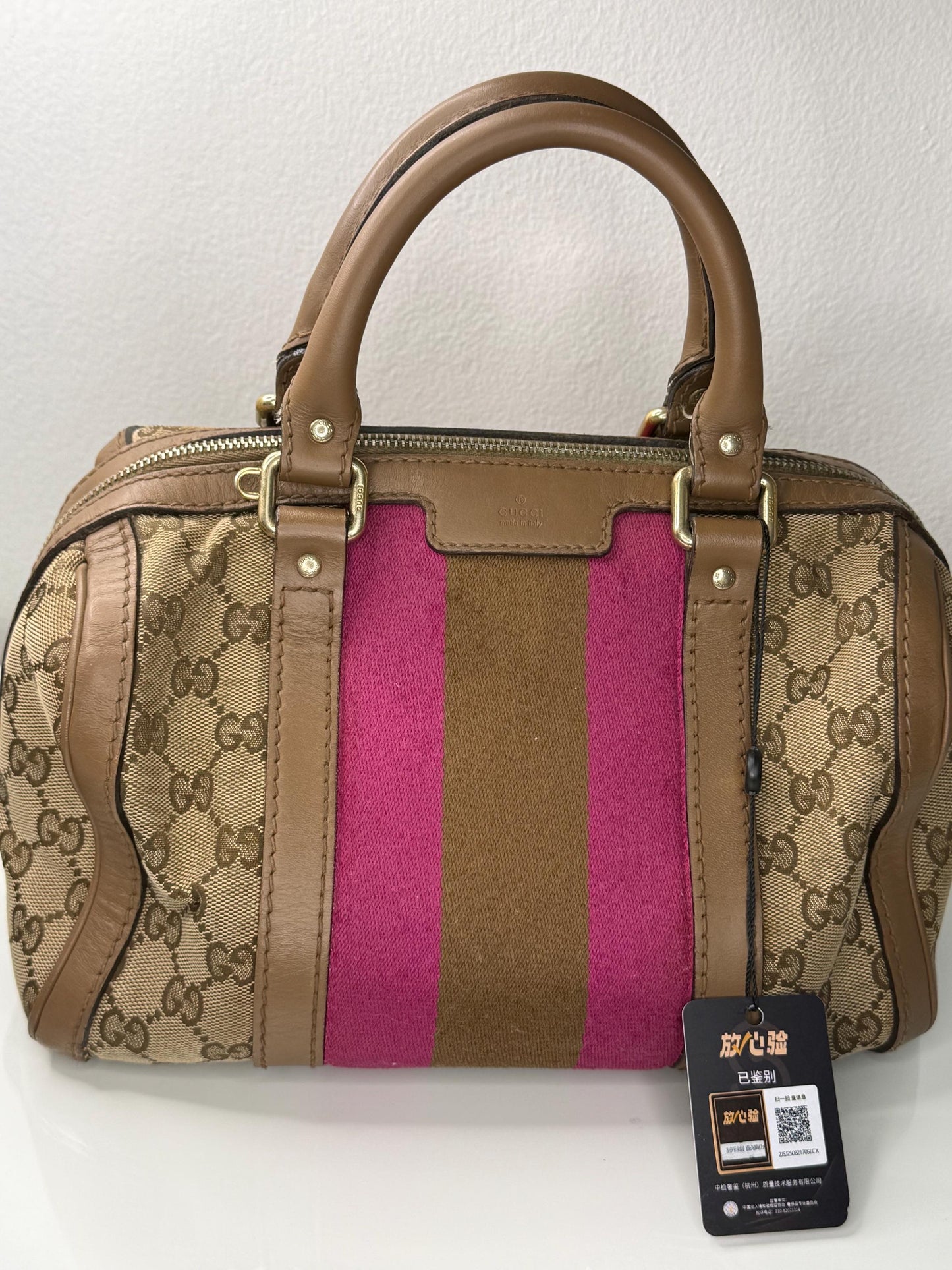 Gucci Vintage GG Canvas Joy Small Boston Bag with Pink and Brown Web Stripe