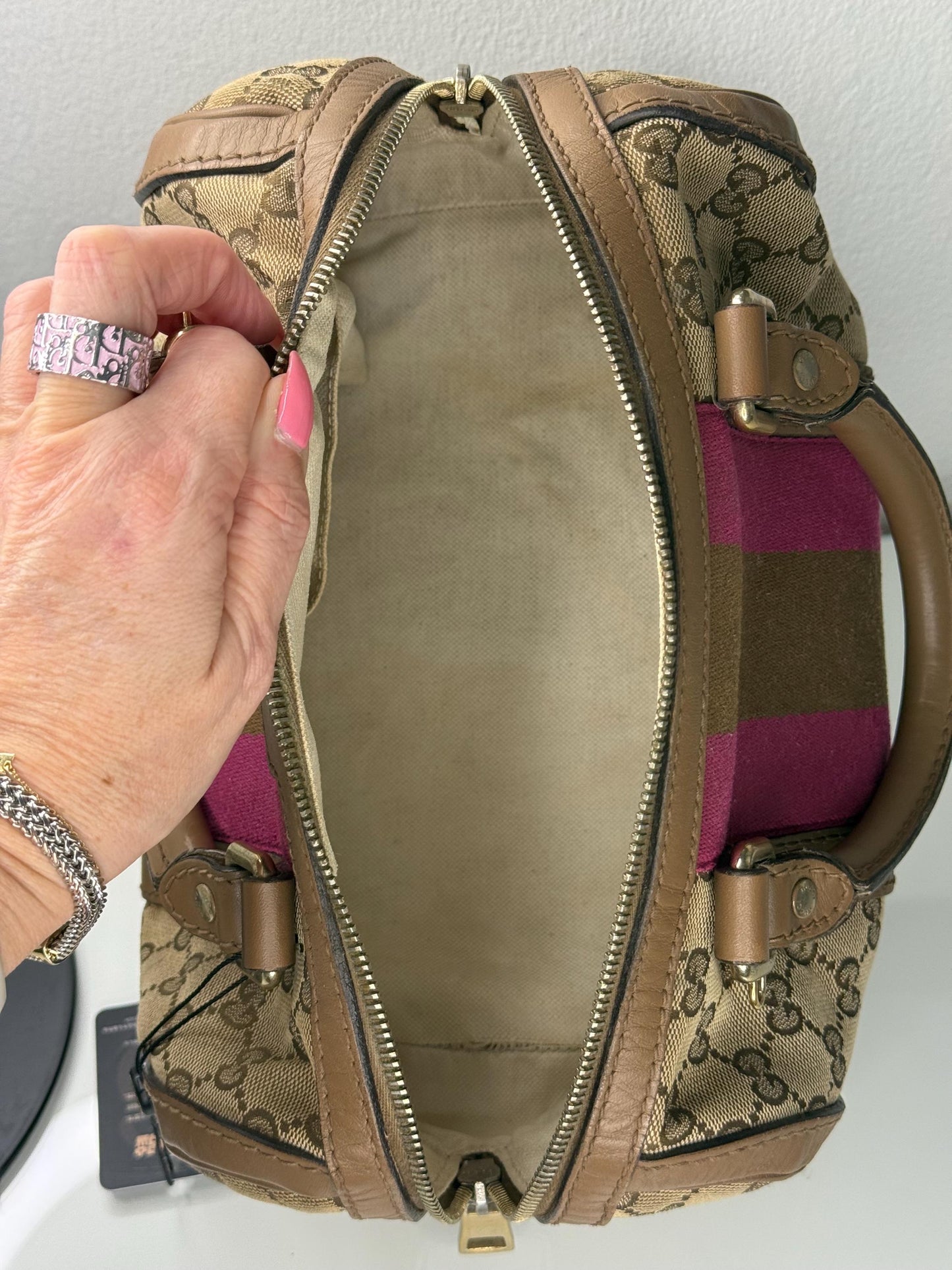 Gucci Vintage GG Canvas Joy Small Boston Bag with Pink and Brown Web Stripe