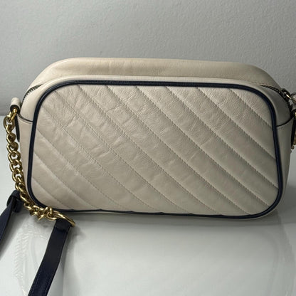 Gucci GG Marmont Small Shoulder Bag: Vintage Effect Calfskin, Mystic White Blue Agata