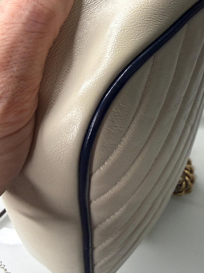 Gucci GG Marmont Small Shoulder Bag: Vintage Effect Calfskin, Mystic White Blue Agata