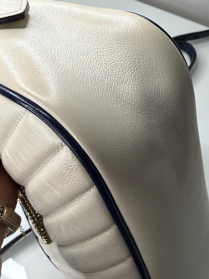 Gucci GG Marmont Small Shoulder Bag: Vintage Effect Calfskin, Mystic White Blue Agata
