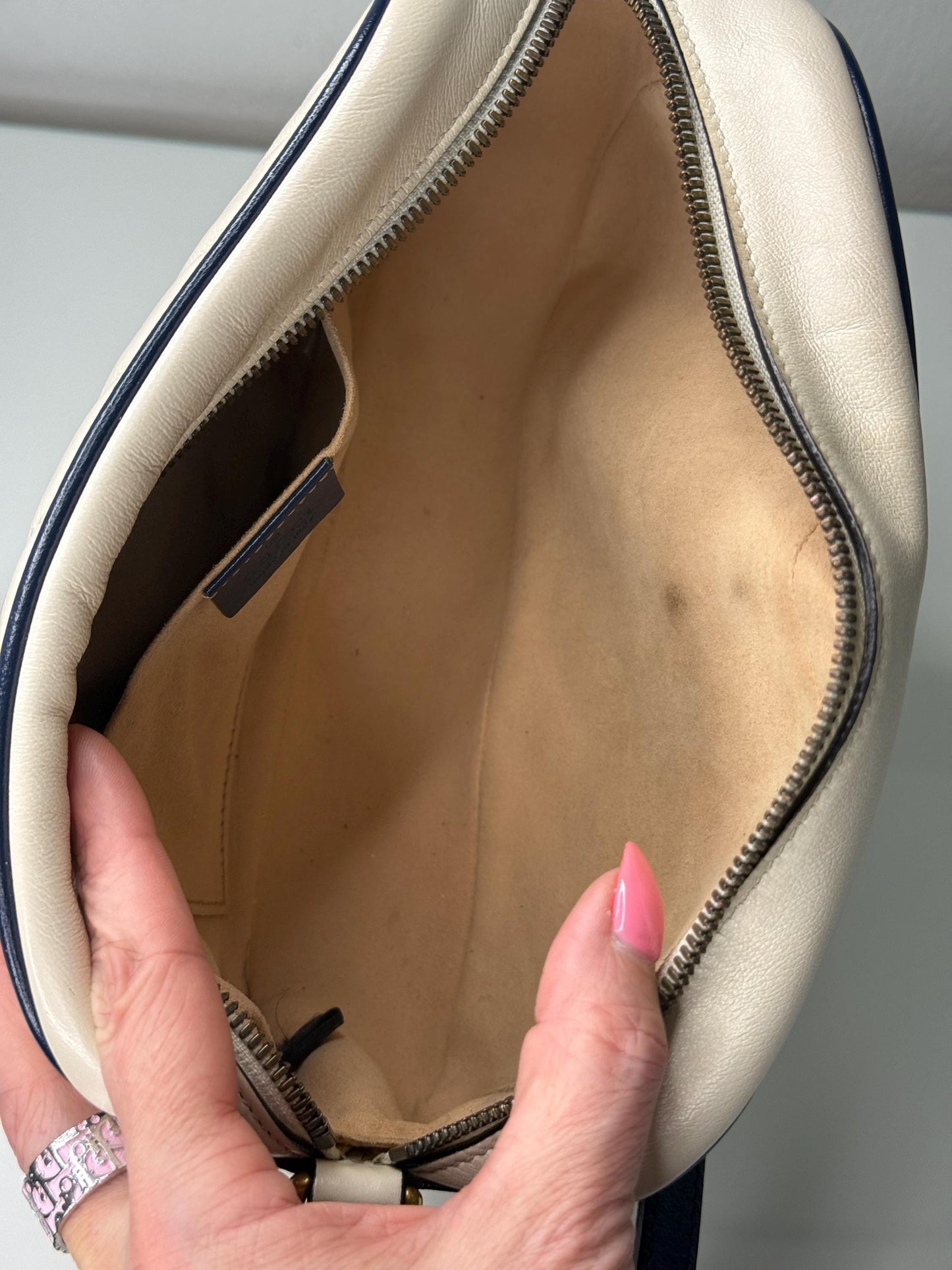 Gucci GG Marmont Small Shoulder Bag: Vintage Effect Calfskin, Mystic White Blue Agata