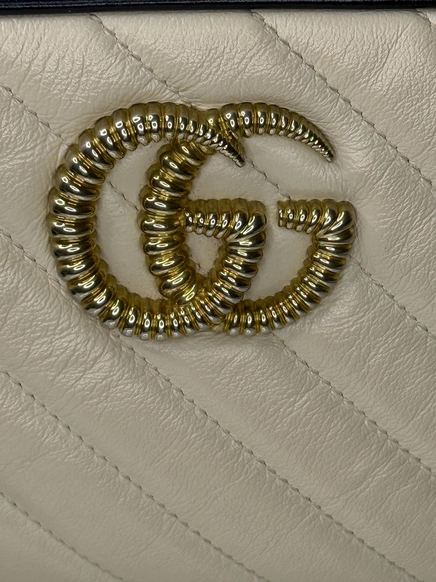 Gucci GG Marmont Small Shoulder Bag: Vintage Effect Calfskin, Mystic White Blue Agata