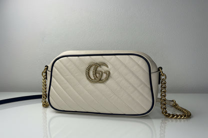 Gucci GG Marmont Small Shoulder Bag: Vintage Effect Calfskin, Mystic White Blue Agata
