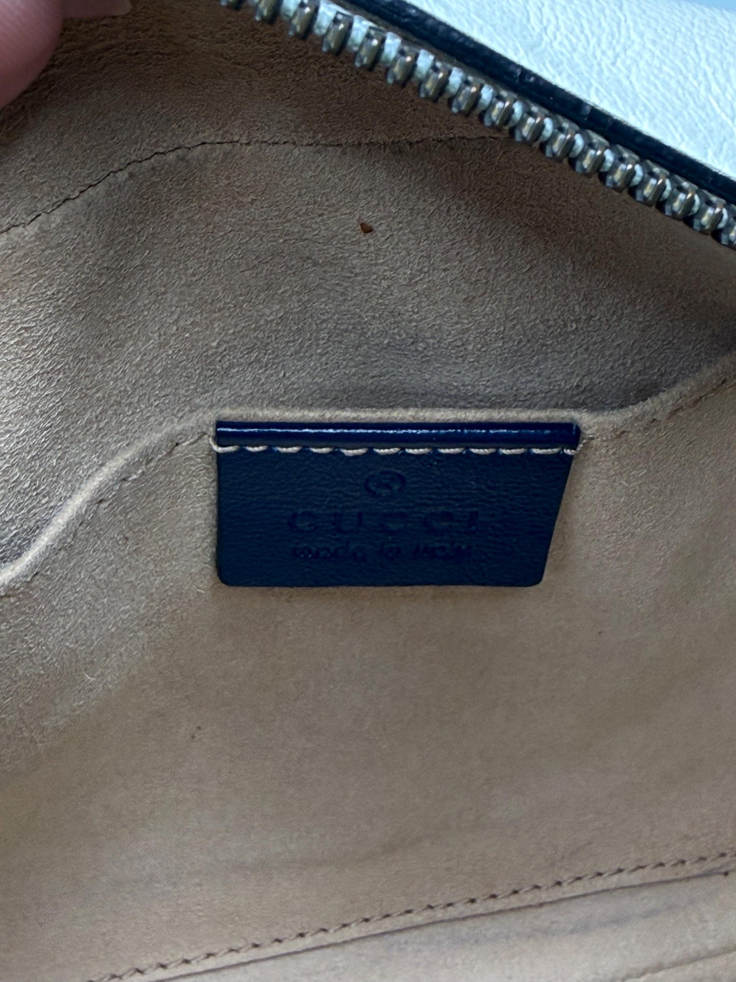 Gucci GG Marmont Small Shoulder Bag: Vintage Effect Calfskin, Mystic White Blue Agata