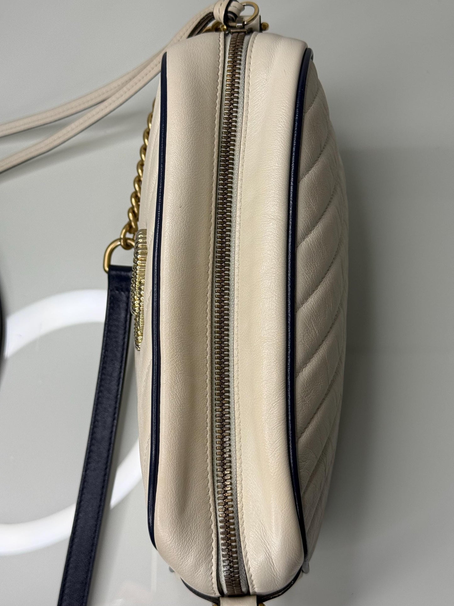 Gucci GG Marmont Small Shoulder Bag: Vintage Effect Calfskin, Mystic White Blue Agata