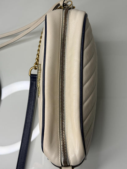 Gucci GG Marmont Small Shoulder Bag: Vintage Effect Calfskin, Mystic White Blue Agata