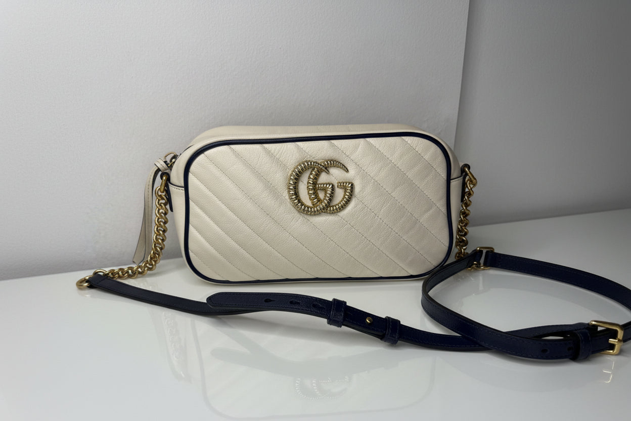 Gucci GG Marmont Small Shoulder Bag: Vintage Effect Calfskin, Mystic White Blue Agata