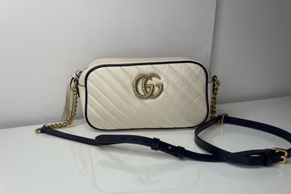 Gucci GG Marmont Small Shoulder Bag: Vintage Effect Calfskin, Mystic White Blue Agata
