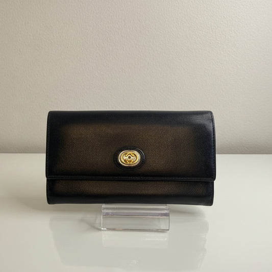 Gucci Long Black Leather Wallet with 2 tone interlocking GG hardware