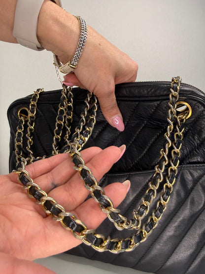 Chanel Vintage Black Lambskin Double Pocket  Chevron Handbag 1986-1988