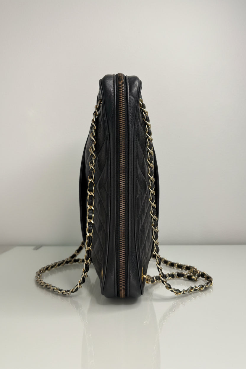 Chanel Vintage Black Lambskin Double Pocket  Chevron Handbag 1986-1988