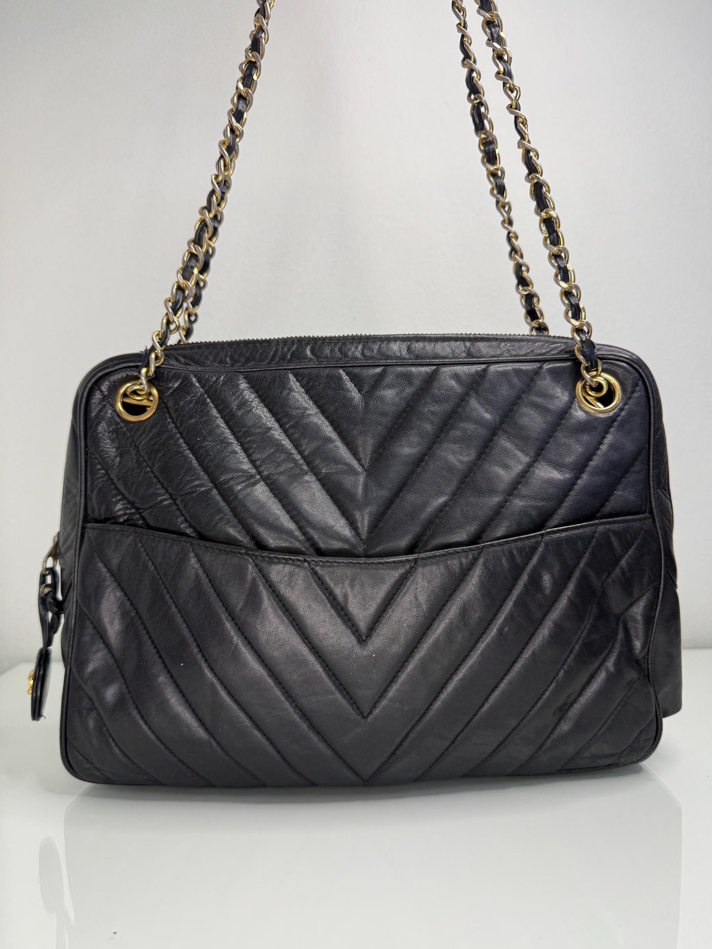 Chanel Vintage Black Lambskin Double Pocket  Chevron Handbag 1986-1988