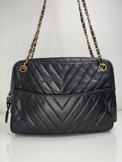 Chanel Vintage Black Lambskin Double Pocket  Chevron Handbag 1986-1988
