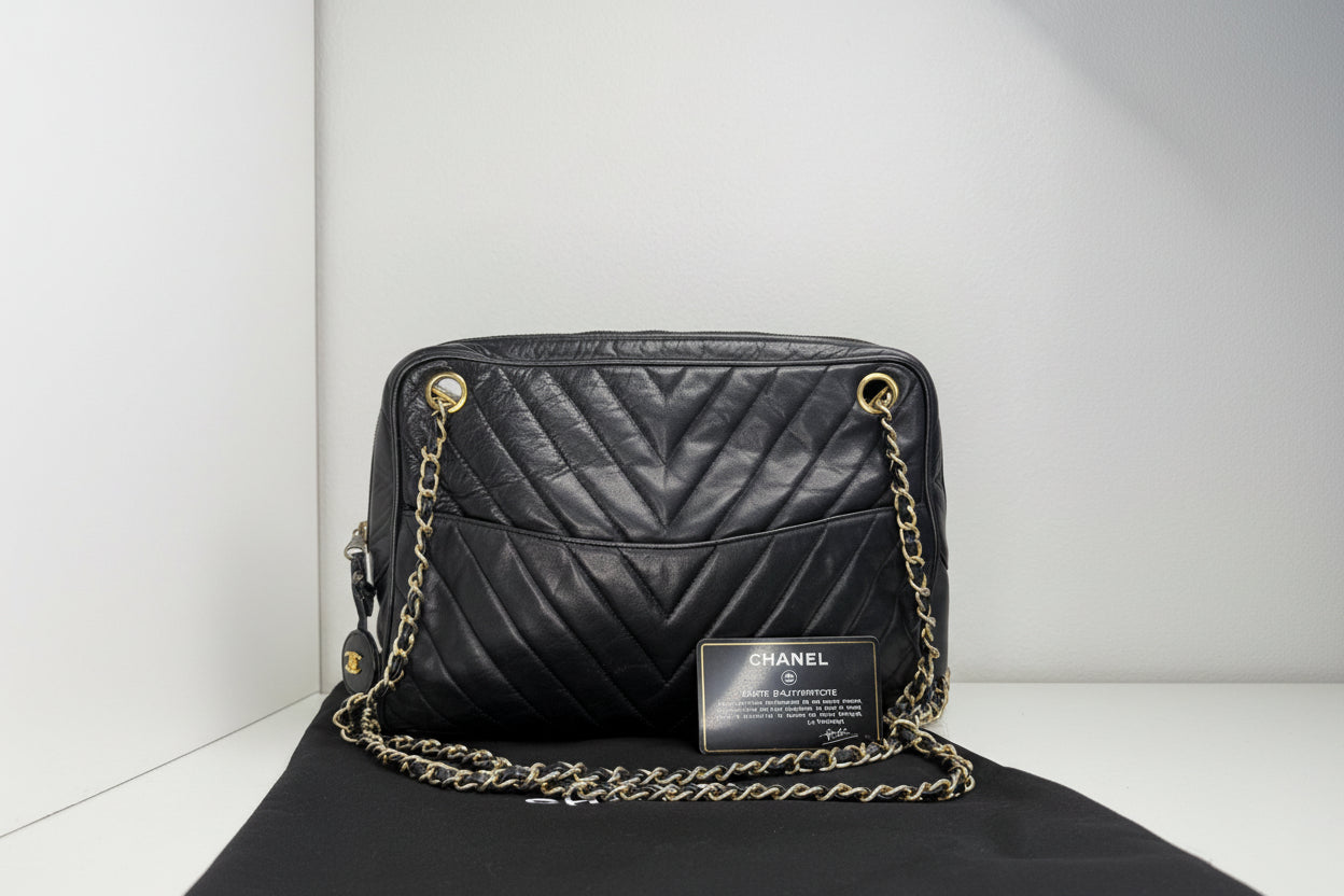 Chanel Vintage Black Lambskin Double Pocket  Chevron Handbag 1986-1988