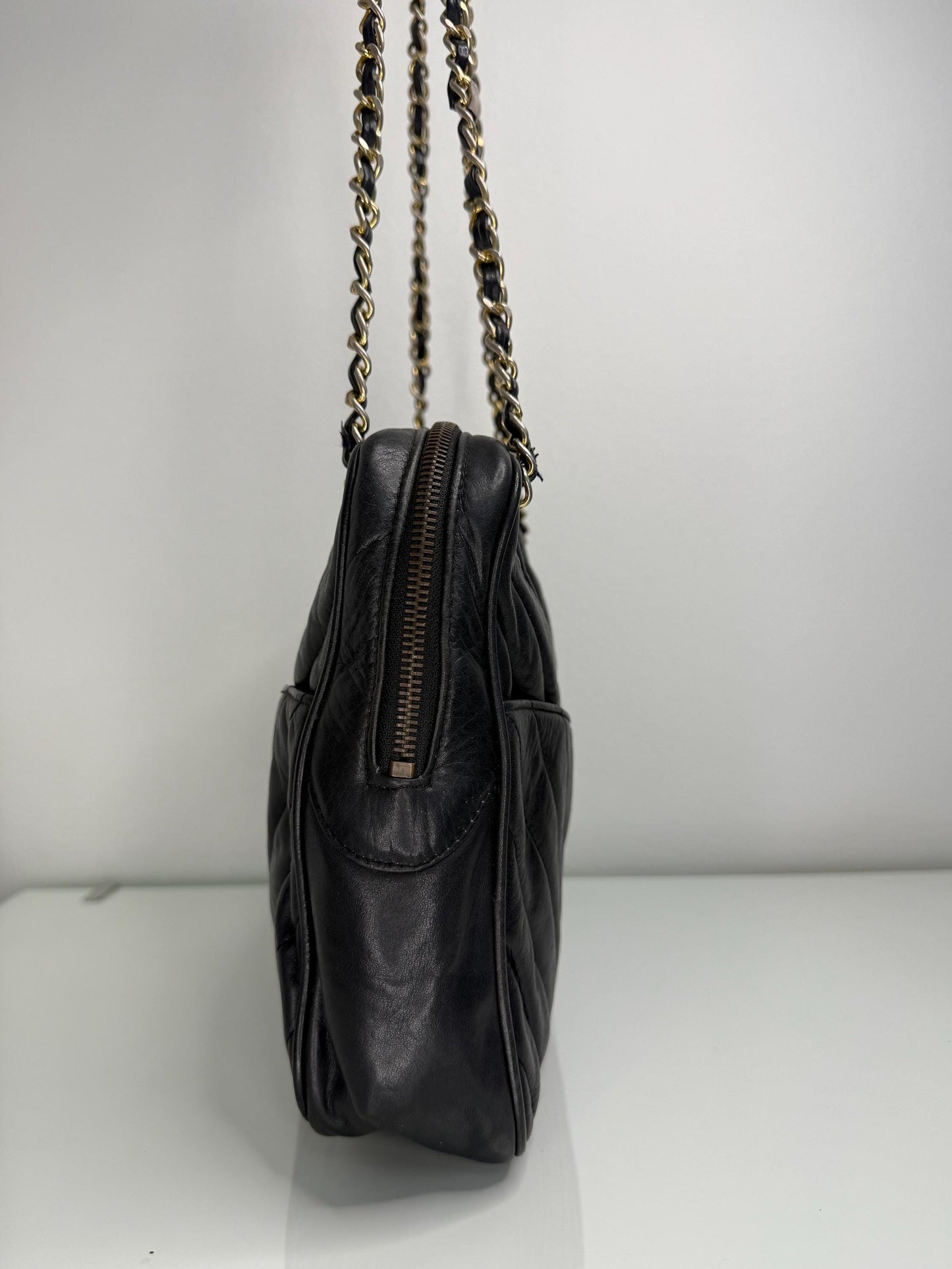 Chanel Vintage Black Lambskin Double Pocket  Chevron Handbag 1986-1988