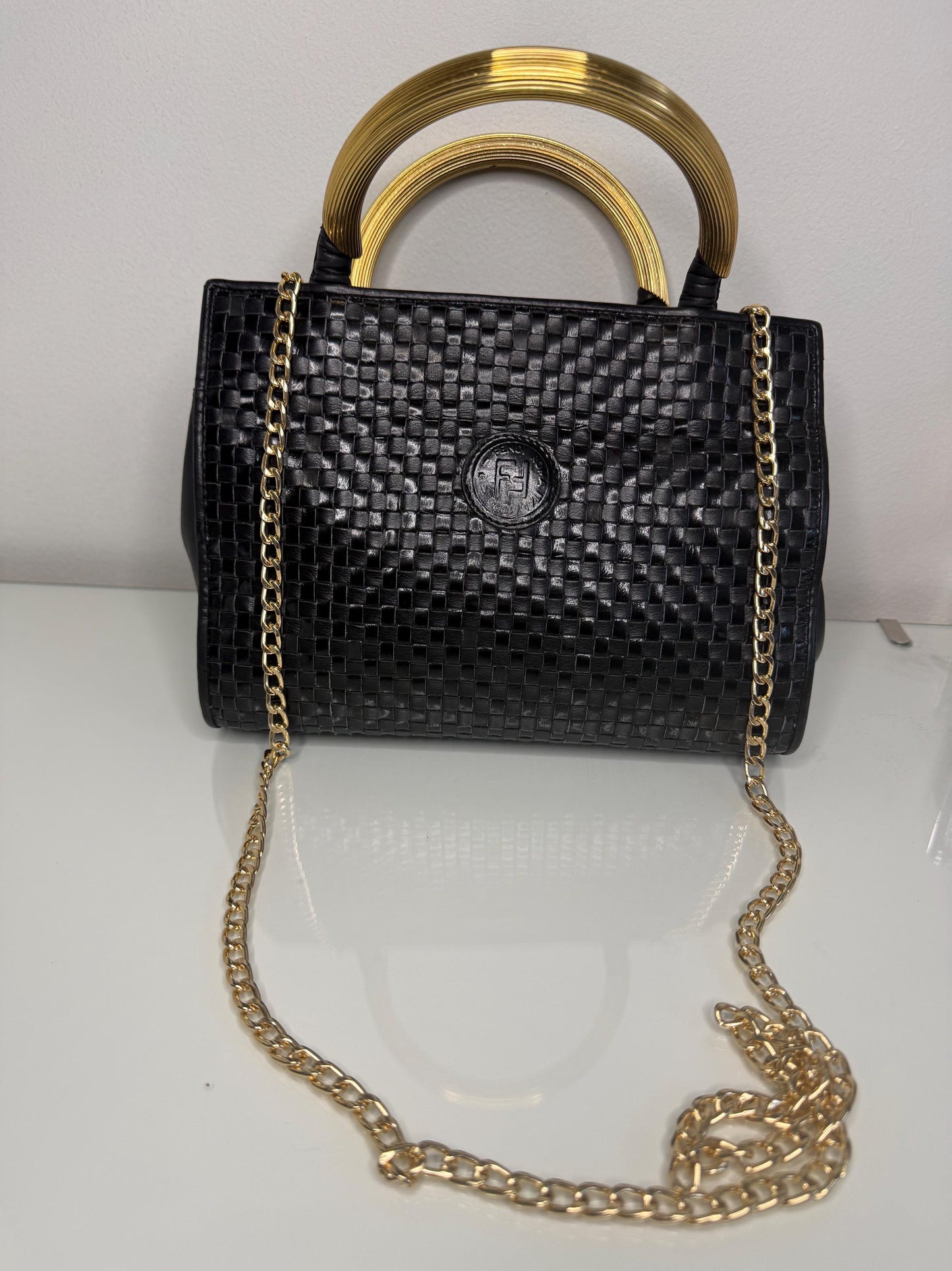Fendi Vintage Woven Pasta Bag in Black Leather