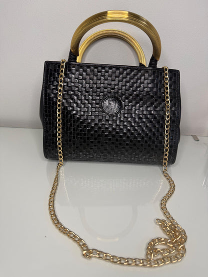 Fendi Vintage Woven Pasta Bag in Black Leather