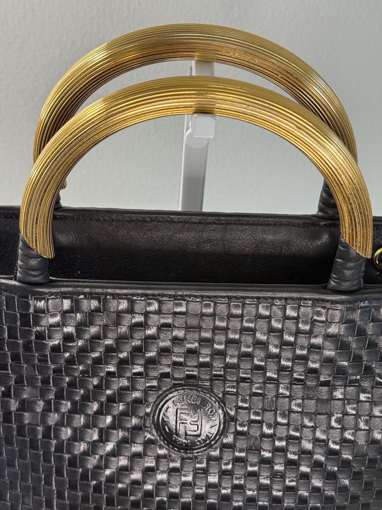 Fendi Vintage Woven Pasta Bag in Black Leather