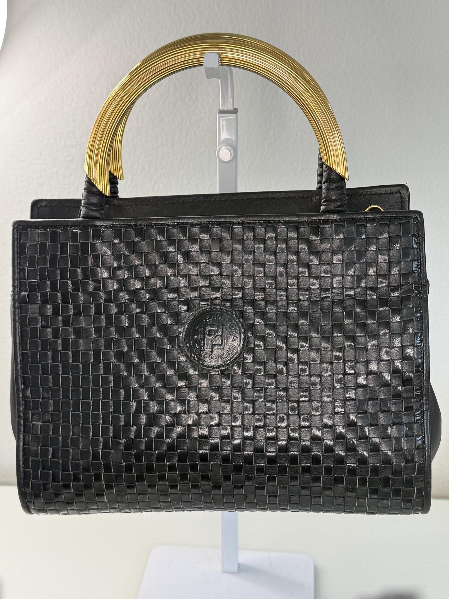 Fendi Vintage Woven Pasta Bag in Black Leather