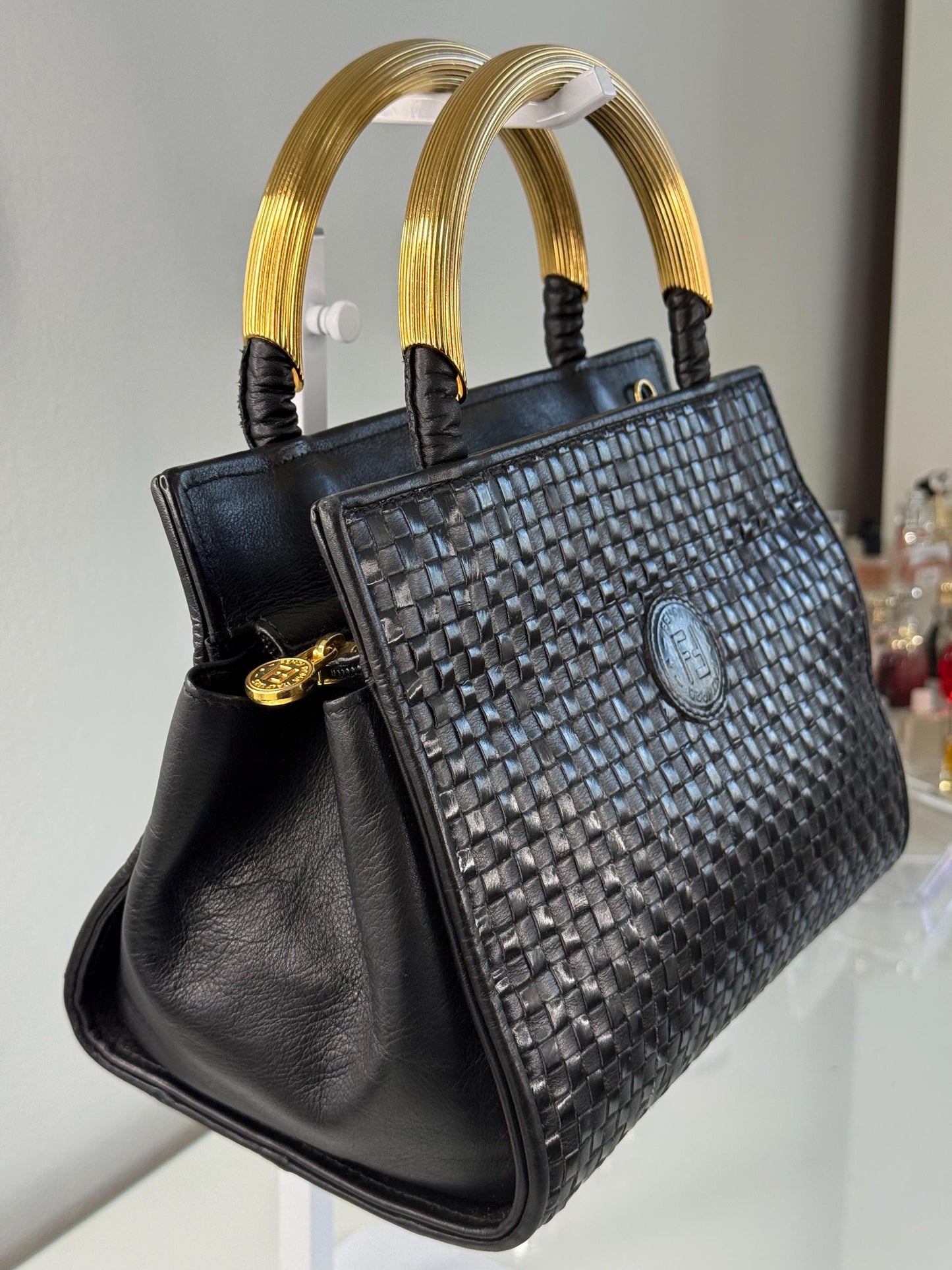 Fendi Vintage Woven Pasta Bag in Black Leather