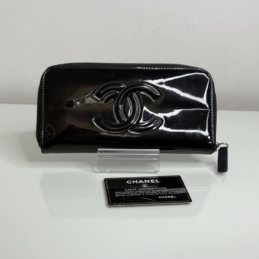 Chanel Black Patent Zipper Long Wallet with flowers