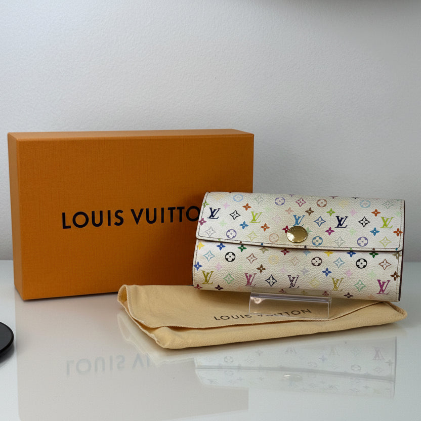 Louis Vuitton White Murakami Sarah Long Wallet with Yellow interior