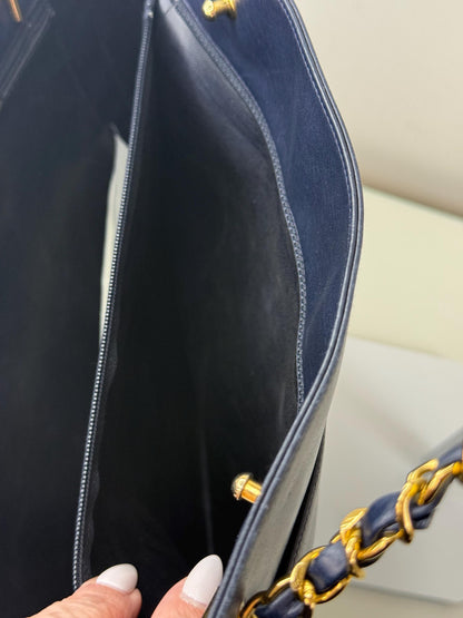 Chanel Vintage Navy Blue Lambskin Quilted Gold Chain Tote Bag