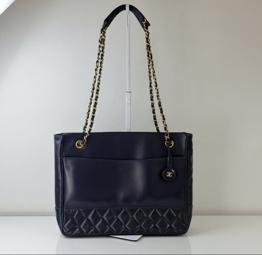 Chanel Vintage Navy Blue Lambskin Quilted Gold Chain Tote Bag
