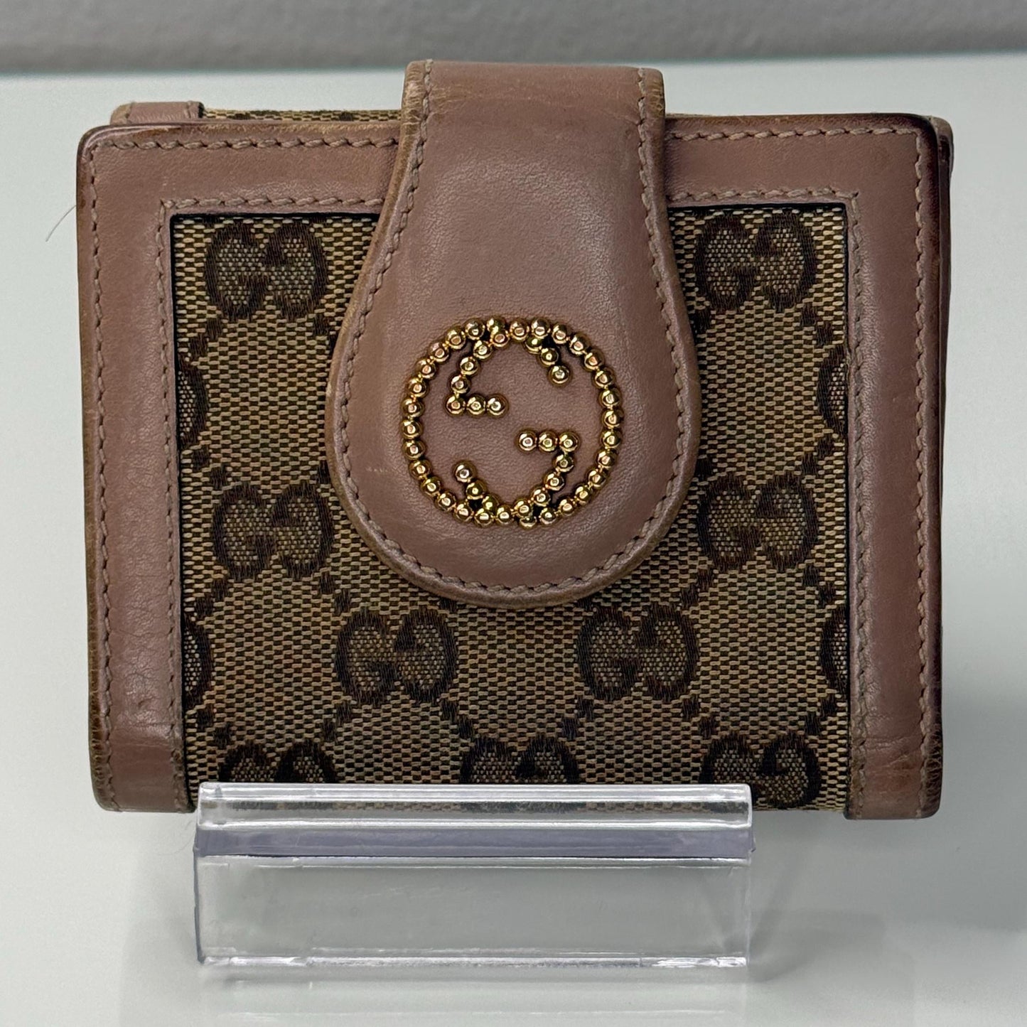 Gucci W Hook GG Canvas with Beige and Pink Leather Trim Wallet